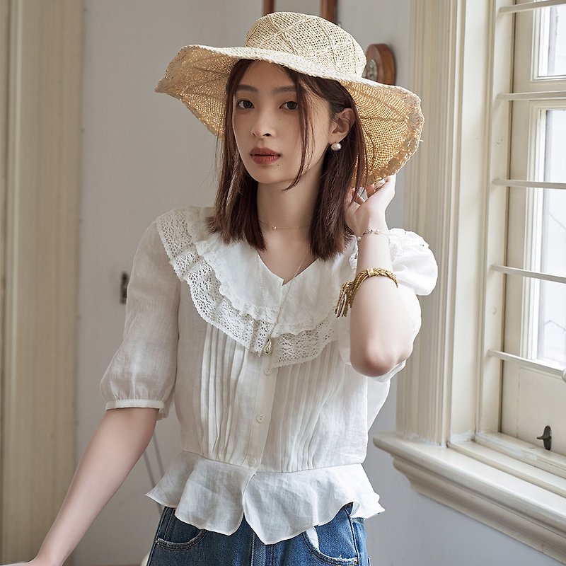 大花邊領苧麻襯衫|襯衫|春夏款|Sora-1473 - 女襯衫 - 棉．麻 白色