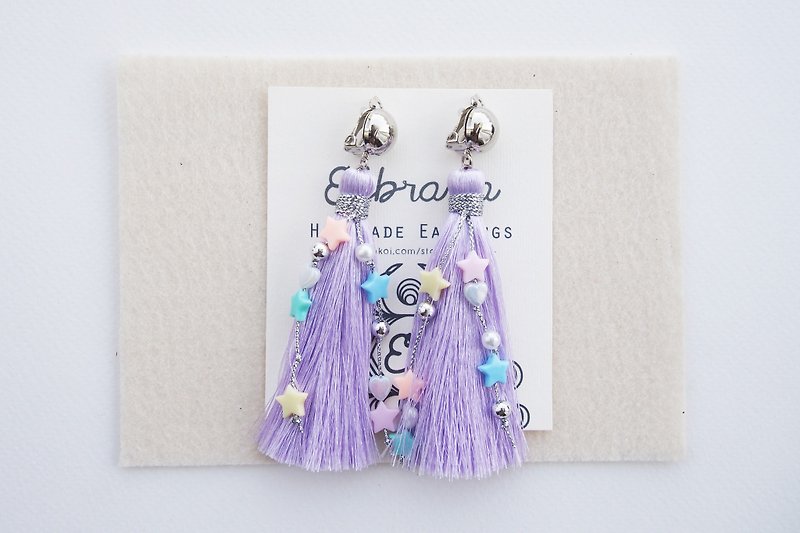 Light purple long tassel with pastel beads earrings - ต่างหู - วัสดุอื่นๆ สีม่วง