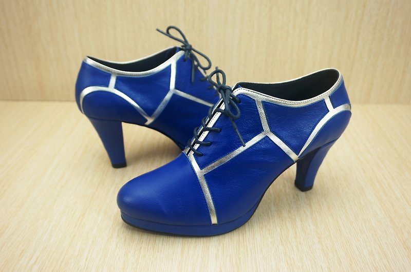 The results of shoe Square, hand-made Oxford shoes, bare boots - High Heels - Genuine Leather Blue