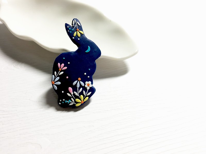 Blue Moon Rabbit  | Brooch of polyermer Clay Pendant - Brooches - Clay Blue