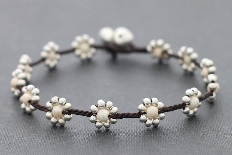 Daisy Anklets White Turquoise Silver Anklets Beaded Woven - กำไลข้อเท้า - หิน ขาว