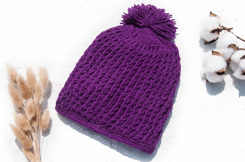 手織純羊毛帽/針織毛帽/內刷毛手織毛帽/手工針織毛線帽 -葡萄紫 - 帽子 - 羊毛 紫色