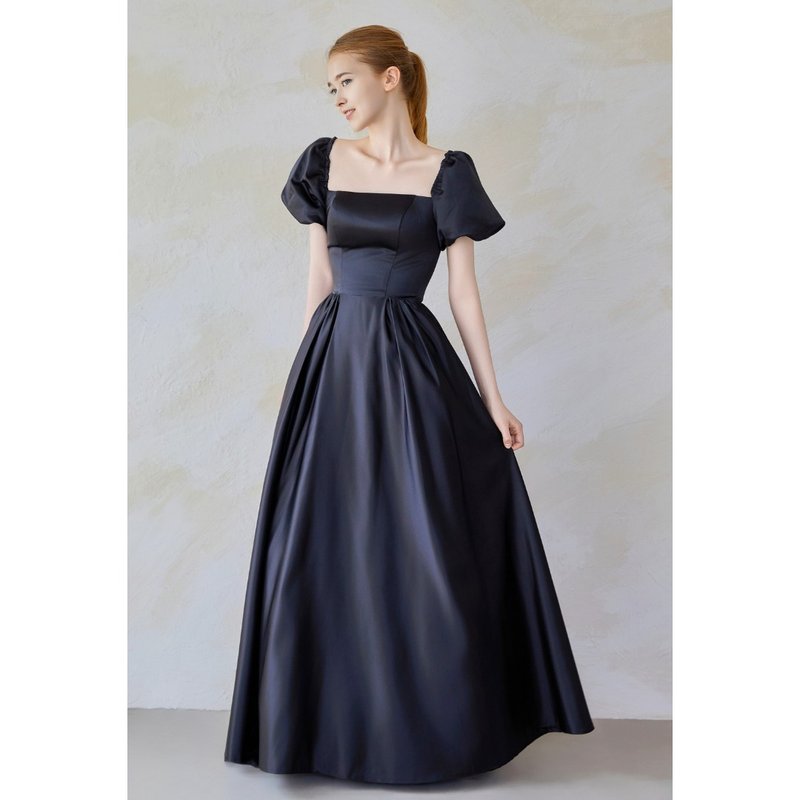 Puff Sleeve Black Satin Plus Size Dress - ชุดราตรี - วัสดุอื่นๆ สีดำ