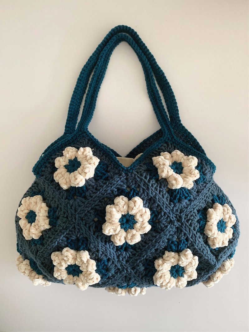 Crochet 3 dimension velvet yarn flower granny square shoulder bag - Handbags & Totes - Cotton & Hemp Blue