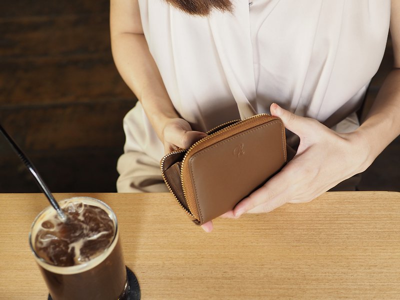 Classic coin (Coffee) Mini wallet, Leather , brown wallet, mini zip wallet - Coin Purses - Genuine Leather Brown