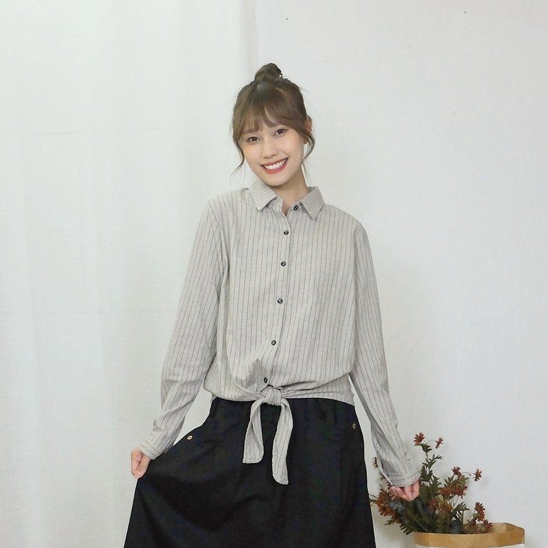 Hana Mokuba 休閒條紋下襬綁帶襯衫 - 女襯衫 - 其他材質 