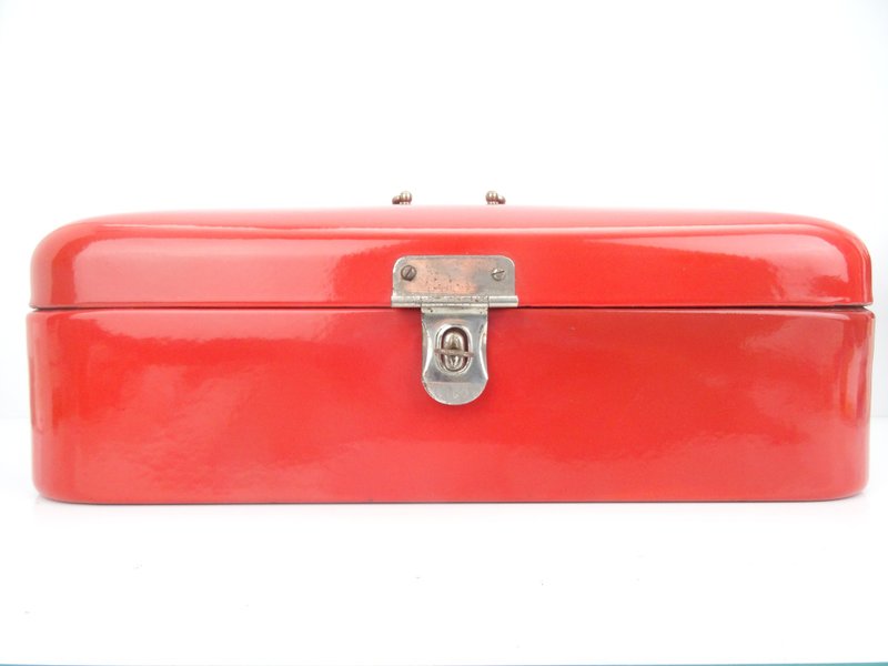 Vintage Antique Bread Box Bin Enamel Enamelware Dutch Large Red - 居家收納/收納盒/儲物盒 - 琺瑯 紅色