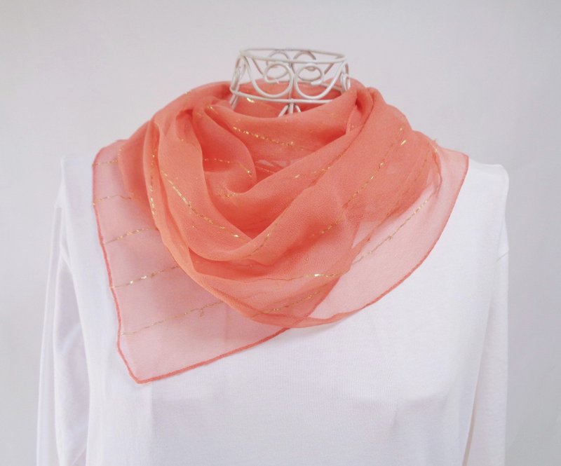 Vegetable dyeing, madder dyeing, silk chiffon, scarf, gold lame vertical stripes - Knit Scarves & Wraps - Silk Orange