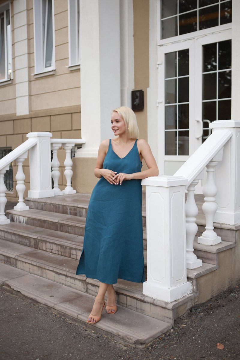 Sleeveless Navy Blue Maxi Dress - The Perfect Gift for Your Daughter Summer - 洋裝/連身裙 - 亞麻 藍色