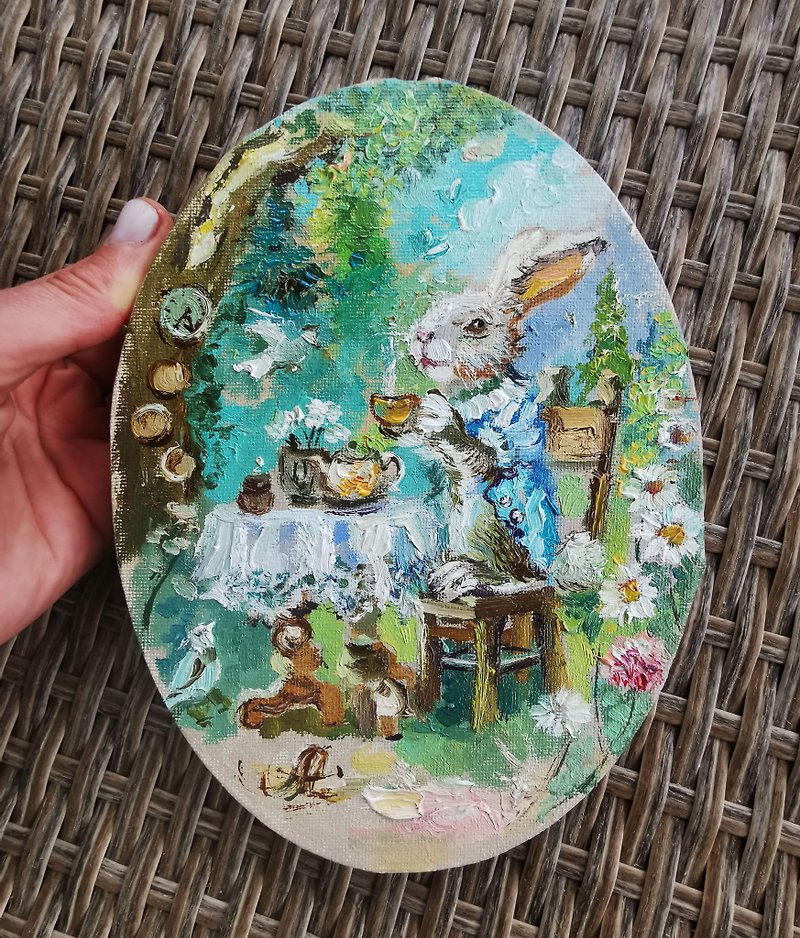 Miniature rabbit oil painting with on canvas. Alice in Wonderland style decor. - ตกแต่งผนัง - วัสดุอื่นๆ สีเทา