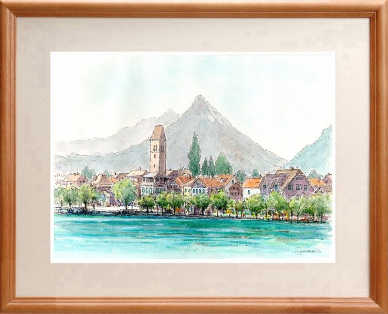 水彩画原画　夏のインターラーケン旧市街・スイス - 海報/掛畫/掛布 - 紙 藍色