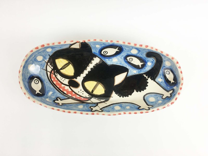 Nice Little Clay handmade six foot plate _ fish cute cat 0305-05 - จานเล็ก - ดินเผา สีน้ำเงิน