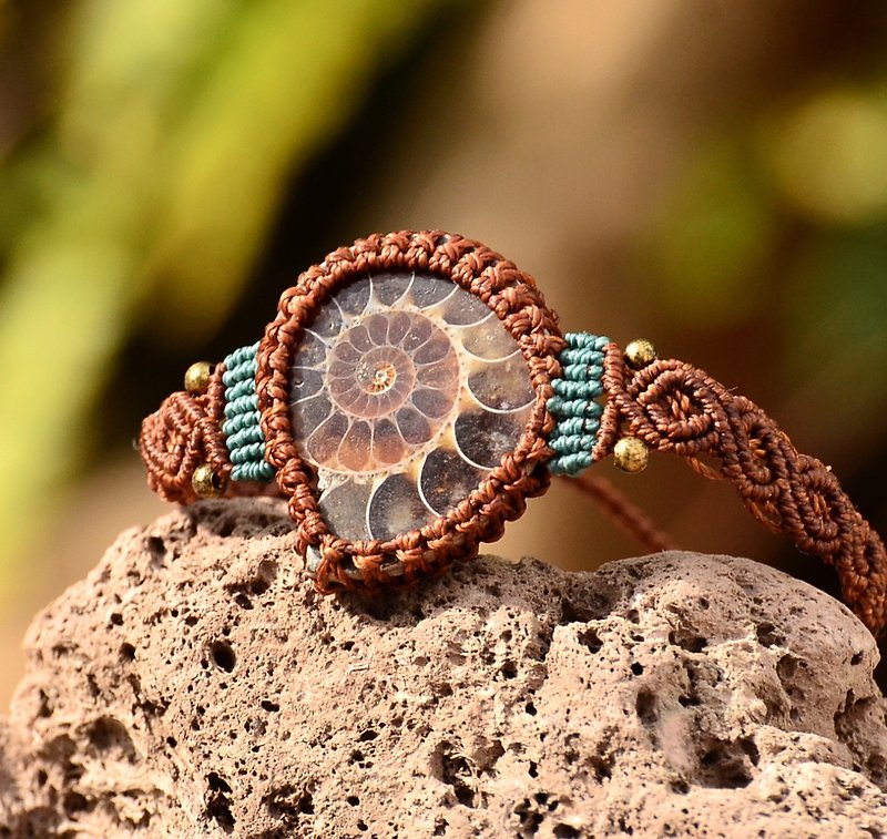 Ammonite Fossil Macrame Bracelet Jewellery - Bracelets - Gemstone Brown