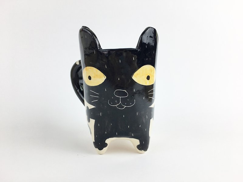 Nice Little Clay Hand Ear Cup (Big) _ Black Cat and Flower Cat 36 - Mugs - Pottery White