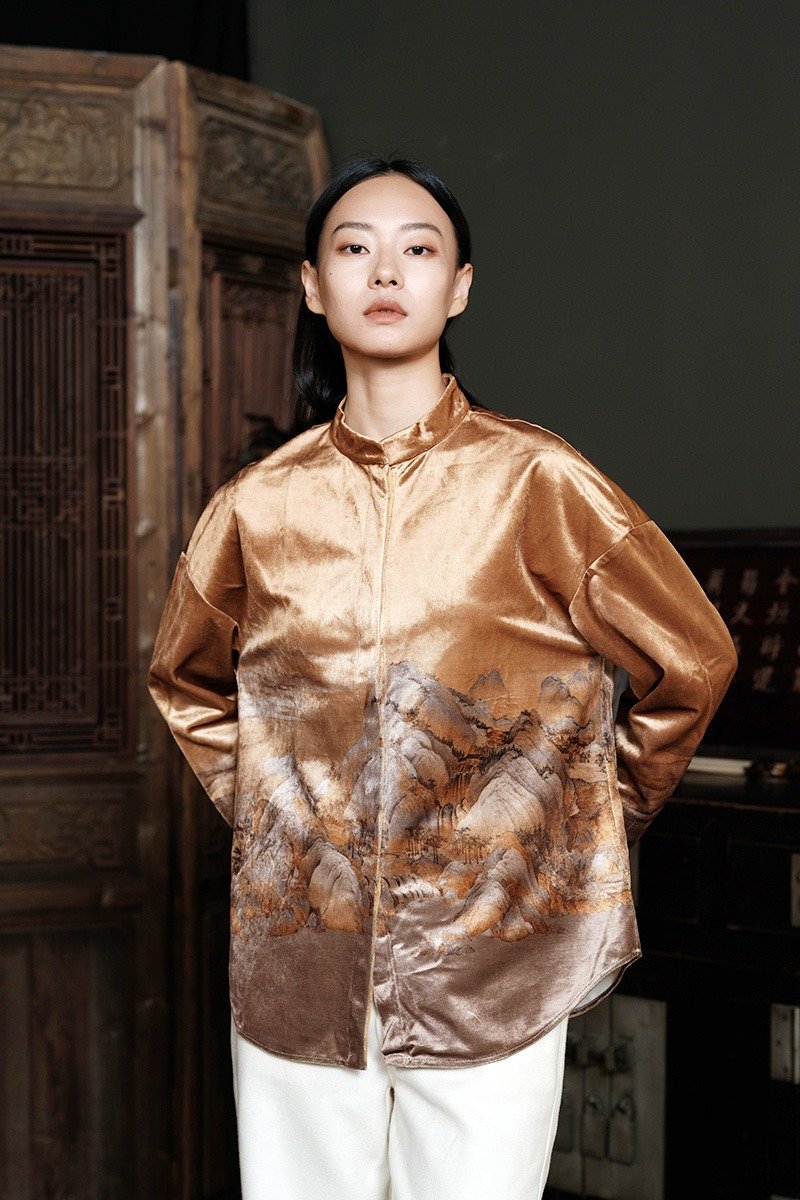 Weimang/Chinese style velvet shirt retro print shirt - Women's Shirts - Polyester Yellow