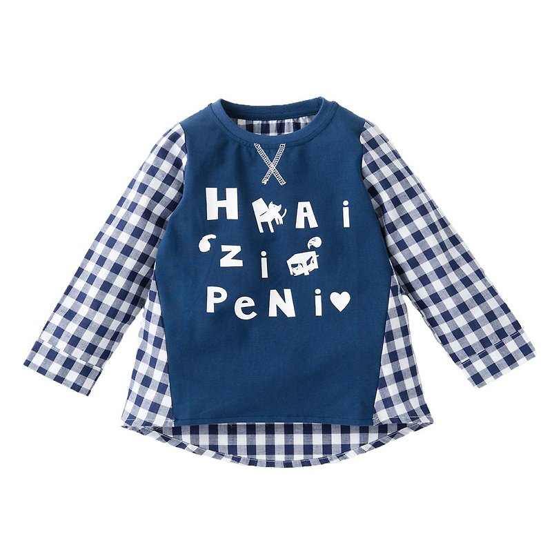 Haizipeni Plaid Paneled Long Sleeve Top - Tops & T-Shirts - Cotton & Hemp Blue