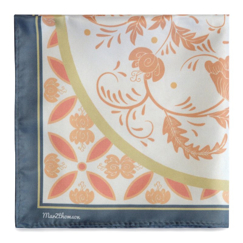 Peranakan Porcelain Peony Flower Tiles Print Pocket Squares in Grey and Orange - Scarves - Polyester Silver