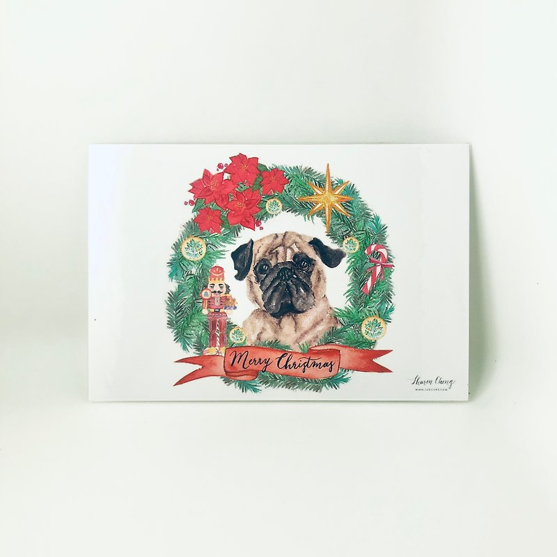 手繪水彩八哥犬聖誕卡 聖誕明信片 - 卡片/明信片 - 紙 白色