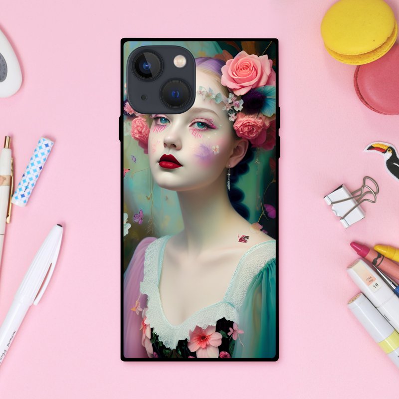 Pastel colored, fantastical, dreamy, cute girl with flower lover and butterflies, square type smartphone case [tempered glass finish], compatible with iPhone 16 - Phone Cases - Plastic Multicolor