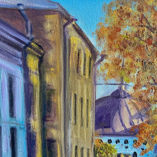 油絵 原画 写実 風景画 風景画 秋の街並み キャンバスに油絵 油畫 原作 署名入り