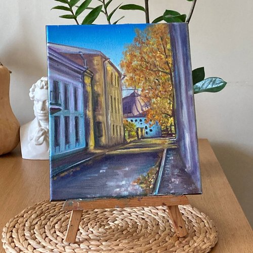 油絵 原画 写実 風景画 風景画 秋の街並み キャンバスに油絵 油畫 原作 署名入り