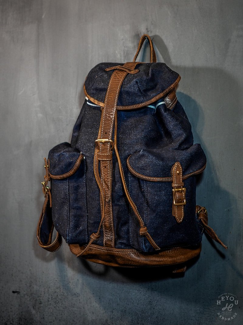 Distressed Canvas Leather Backpack Retro Backpack-Indigo Deep Coffee - กระเป๋าเป้สะพายหลัง - วัสดุอื่นๆ หลากหลายสี