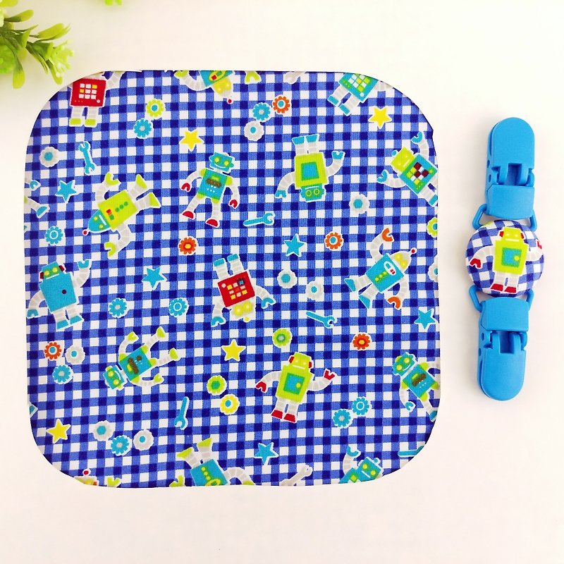 Square robot. Double-sided cotton handkerchief + handkerchief clip (can increase the price of 40 embroidery name) - ผ้ากันเปื้อน - ผ้าฝ้าย/ผ้าลินิน สีน้ำเงิน