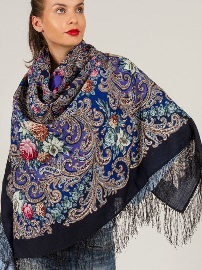 Pavlovo Posad Russian Shawl 100% Wool Scarf 125x125 cm Wrap Silk Fringe 1437-14 - 圍巾/披肩 - 羊毛 藍色