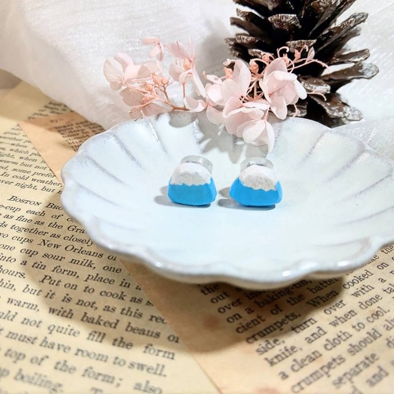 Ceramic Mount Fuji Earrings | Ear Needles | Clip-On| Blue | Pair - Earrings & Clip-ons - Pottery Blue