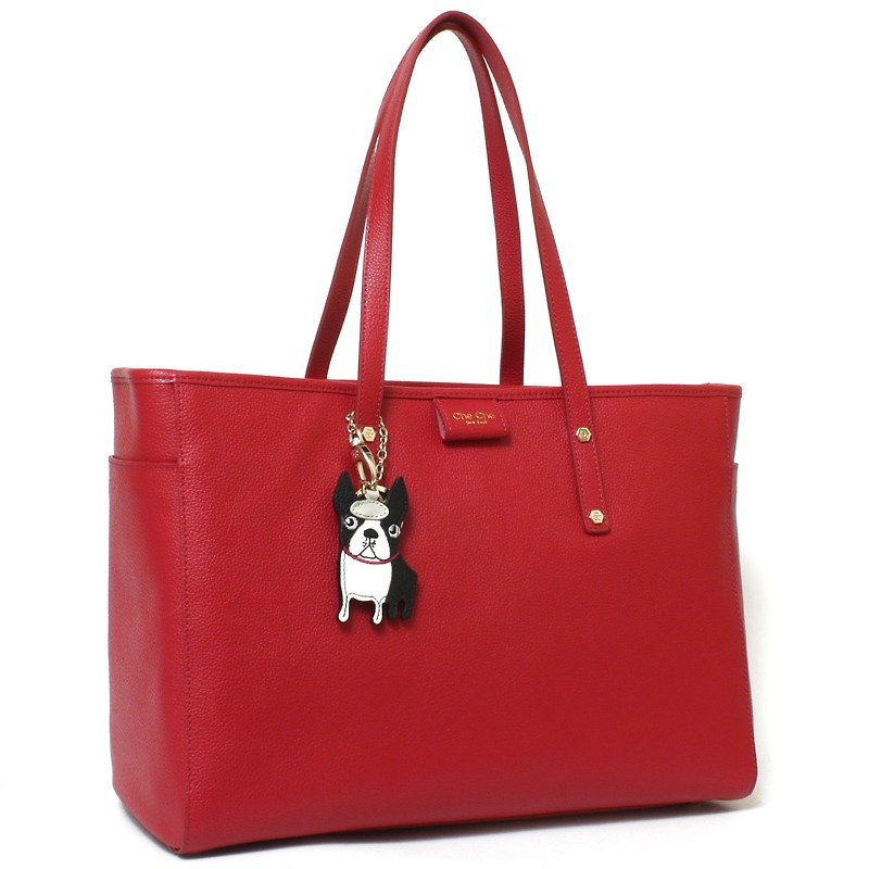 Boston Terrier Key-Ring Leather Tote Bag - กระเป๋าถือ - หนังแท้ สีแดง