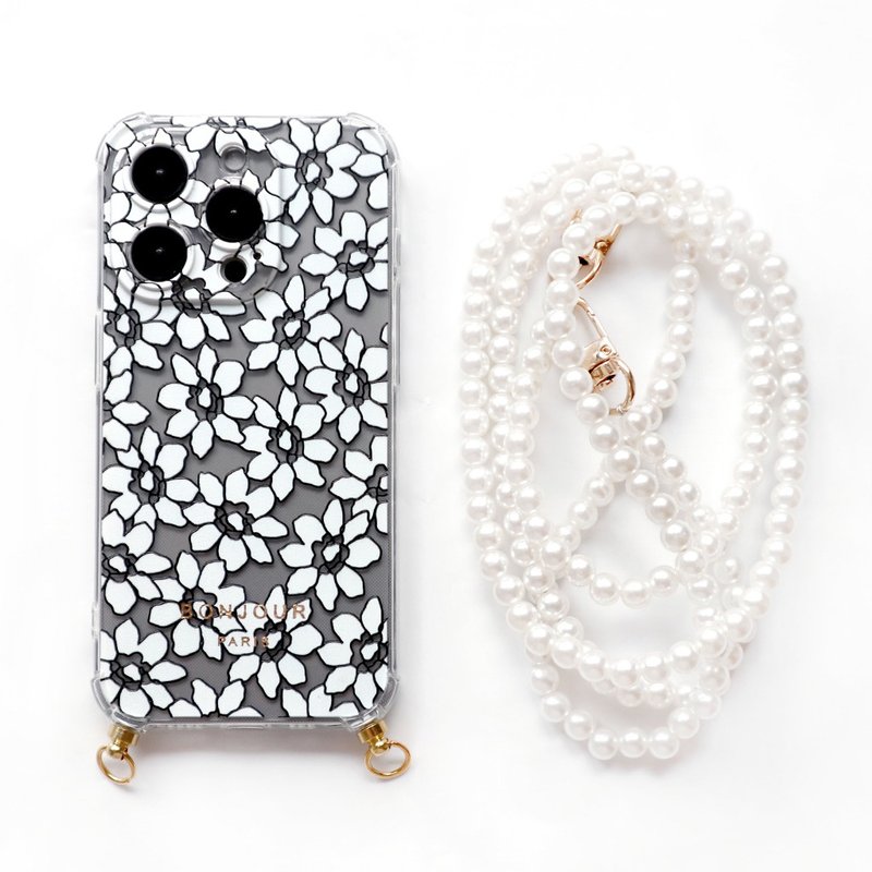 iPhone15/14/13/12 French lace white flower pearl long chain mobile phone case - Phone Cases - Plastic White