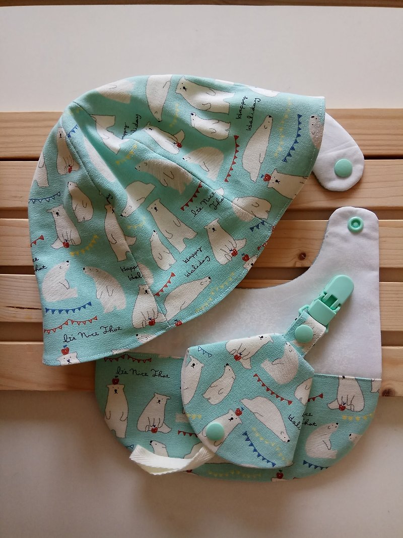 Lake water green polar bear Miyue gift bib + baby hat + two in one pacifier clip - Baby Gift Sets - Cotton & Hemp Green