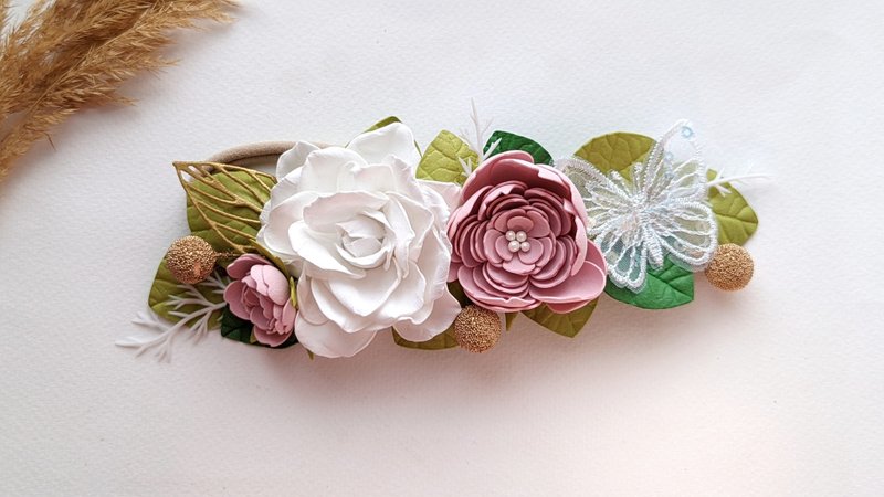花童頭帶粉彩粉色花朵配飾伴娘發片 - 嬰兒手鍊/飾品 - 其他材質 白色