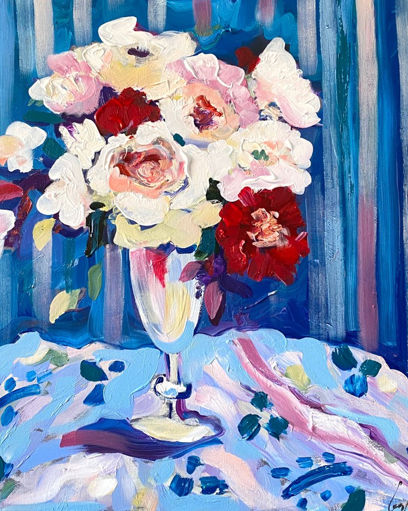 Flowers bouquet painting Original oil painting on canvas Fauvism Matisse inspire - ตกแต่งผนัง - วัสดุอื่นๆ สีน้ำเงิน