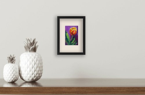 キャンバス油絵　黄色い椅子の上に置いた鉢植えの黄色いチューリップ他計2枚セット キャンバス油絵 黄色い椅子の上に置いた鉢植えの黄色い