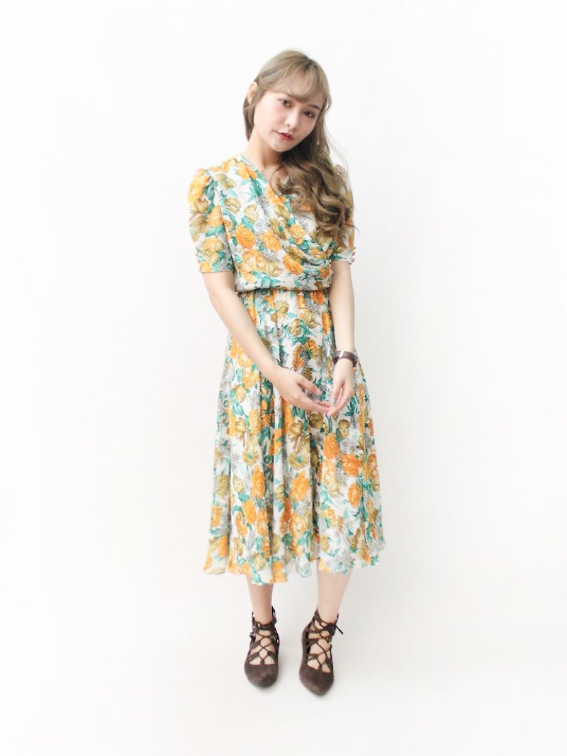 【RE1004D1392】 early autumn Japanese retro flowers yellow adults feel short-sleeved ancient dress - One Piece Dresses - Polyester Yellow