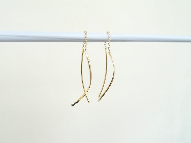 18K Solid Yellow Gold Curved Bar Threader Dangle Earrings - Au750 - ต่างหู - โลหะ สีทอง