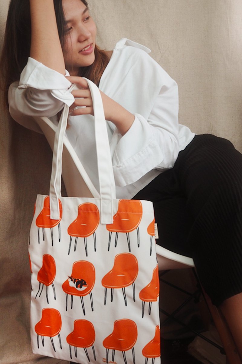 TOTE PRINT WITH CALICO CAT ON ORANGE CHAIR - Handbags & Totes - Cotton & Hemp Orange