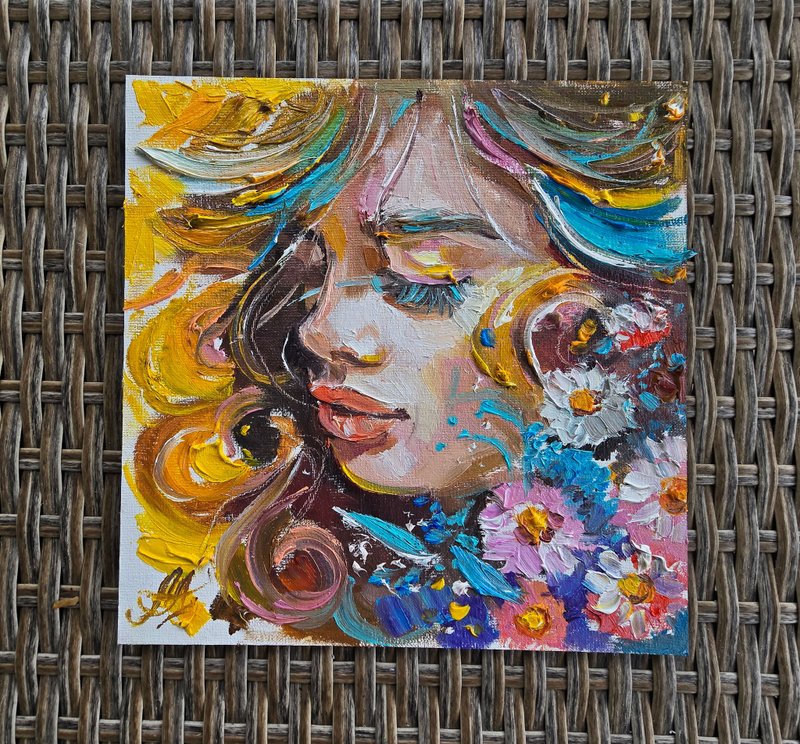 Colorful miniature painting on canvas mini oil painting Face artwork - ตกแต่งผนัง - วัสดุอื่นๆ สีใส