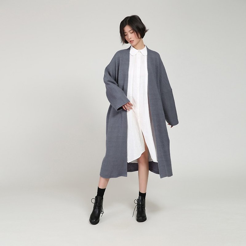 BUDU non-gray blue bat sleeve loose long coat - Women's Casual & Functional Jackets - Wool Blue