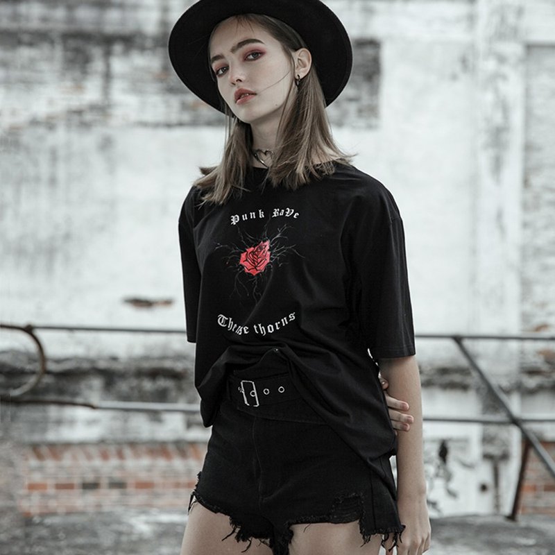 野玫瑰荊棘復古棉質上衣 - 女 T 恤 - 其他材質 黑色