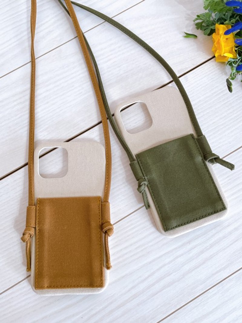 Kurashiki Canvas Bicolor Smartphone Shoulder Bag with Card Storage Strap to Prevent Dropping Smartphone Case Brown Khaki - กระเป๋าแมสเซนเจอร์ - ผ้าฝ้าย/ผ้าลินิน 