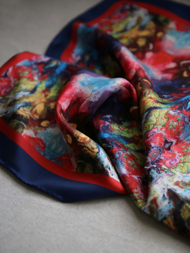 【Firework II】Silk Scarf 50cm Hand-curling - Scarves - Silk Blue