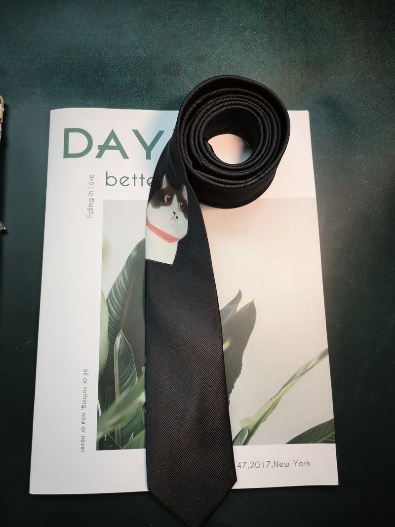 黑色真丝小猫印花英伦风领带bolotie - 領帶/領帶夾 - 絲．絹 黑色