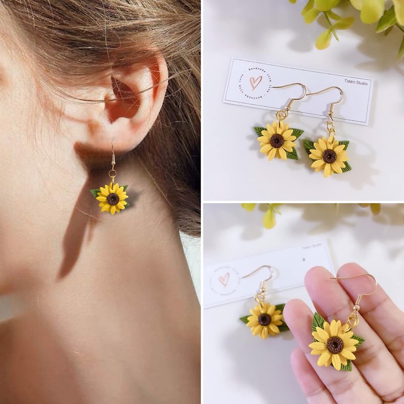 Handmade sunflower earrings - 耳環/耳夾 - 黏土 黃色