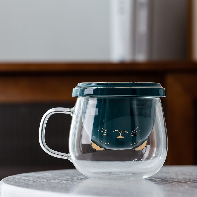 [Useless everyday] cute cat/tea cup/heat-resistant glass cup/tea separator cup/tea maker - ถ้วย - แก้ว ขาว