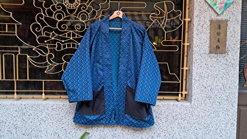 AMIN'S SHINY WORLD Diamond Geometric Black Pocket Full Version Jacquard KIMONO ONLY - เสื้อโค้ทผู้ชาย - ผ้าฝ้าย/ผ้าลินิน สีน้ำเงิน