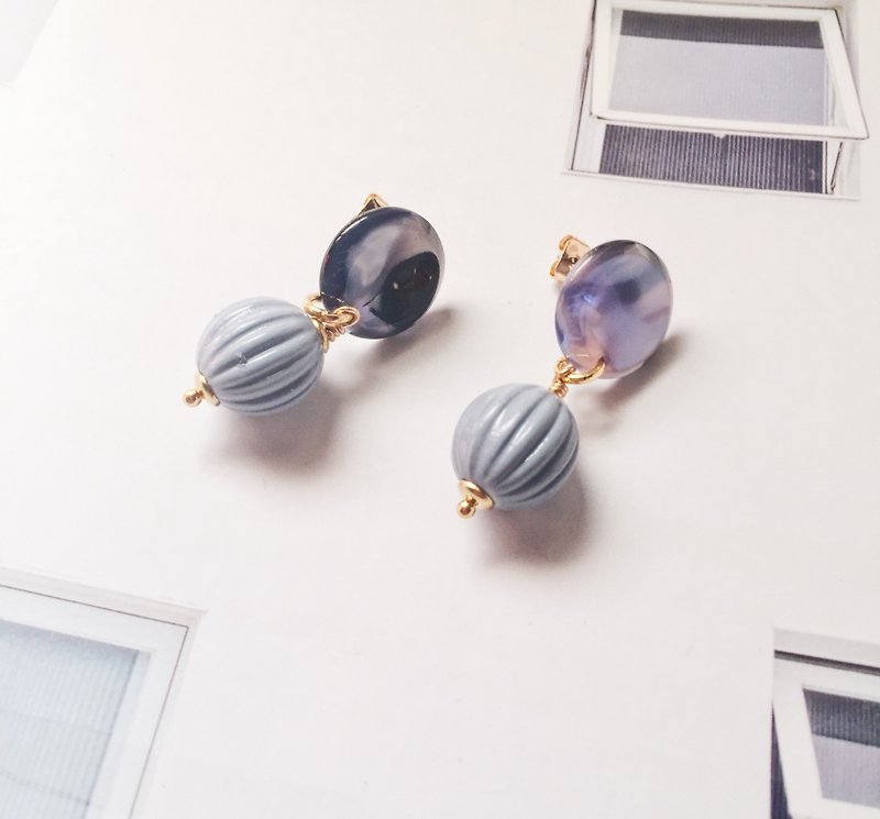 ❈La Don pull winter ❈ - earrings - retro beads marble ear stylus - ต่างหู - โลหะ สีเทา