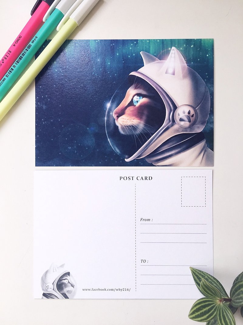 動物插畫明信片【嚮往太空的貓】 - 卡片/明信片 - 紙 白色