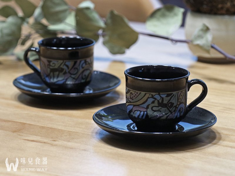 早期濃縮咖啡杯盤組－黑夜的猴子叢林 (餐具/舊貨/老物/玻璃) - 咖啡杯 - 玻璃 黑色